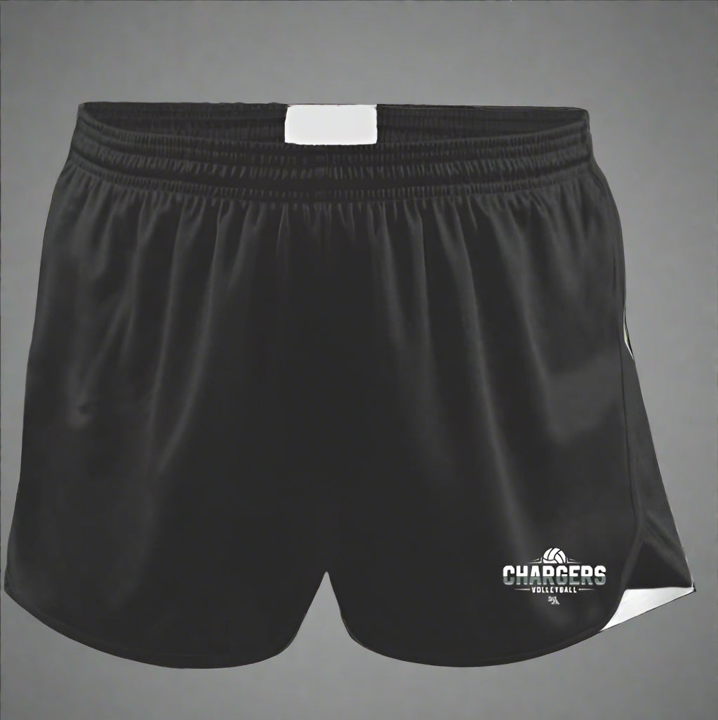 Black shorts with 'Chargers' logo on a gray background