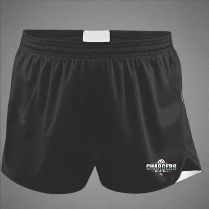 Black shorts with 'Chargers' logo on a gray background